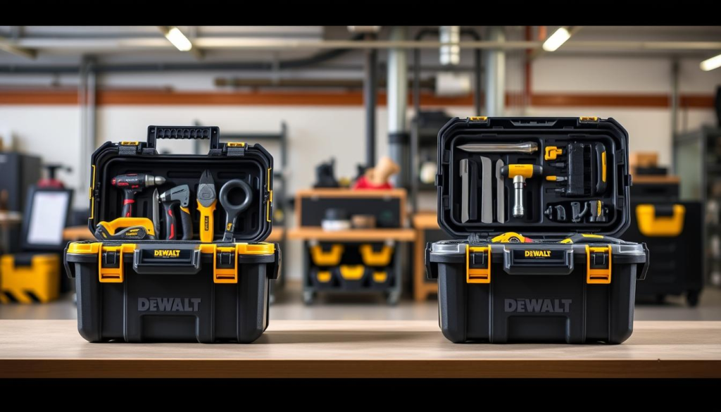 A well-lit, detailed comparison of the DEWALT TSTAK and TOUGHSYSTEM tool storage systems. In the foreground, the TSTAK and TOUGHSYSTEM containers are displayed side-by-side, showcasing their distinct designs and features. The middle ground captures the organizational capabilities of each system, with tools and accessories neatly arranged within the compartments. In the background, a clean, industrial workspace setting provides context, emphasizing the systems' practicality and durability. The image is captured with a sharp, high-resolution lens, highlighting the subtle textures and materials of the containers. The overall mood is one of efficiency, functionality, and a professional, workshop-inspired atmosphere.