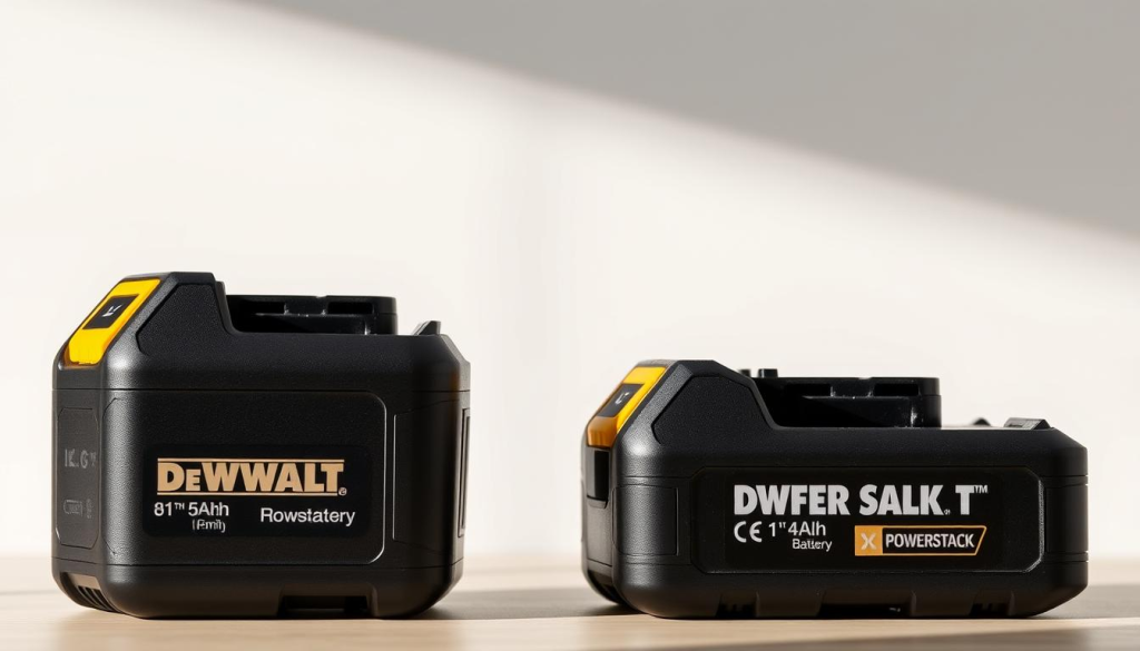 A well-lit, detailed comparison of the DeWalt PowerStack battery alongside a traditional DeWalt 5Ah battery, showcased against a clean, neutral background. The PowerStack battery is prominently displayed, its sleek design and compact form factor contrasted with the larger, bulkier shape of the traditional unit. Subtle shadows and highlights accentuate the textures and materials of each battery, allowing the viewer to appreciate the engineering and innovation of the PowerStack. The composition is balanced, with the two batteries positioned to emphasize their differences in size and shape. The lighting is soft and natural, creating a sense of quality and professionalism, perfectly suited for an informative product comparison in a technical article.