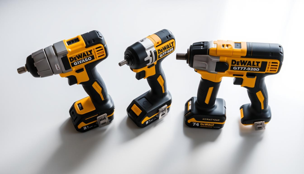 A well-lit, detailed comparison of three DeWalt 1/4 impact drivers placed side-by-side on a clean, reflective surface. The drivers are shown from a slightly elevated, 3/4 angle, highlighting their sleek, sturdy design and metal construction. Soft shadows cast beneath them create depth and dimensionality. The drivers are arranged to showcase their distinct features and differences in size, power output, and ergonomics. The scene conveys a sense of professional quality and technical precision, fitting for an authoritative product review.