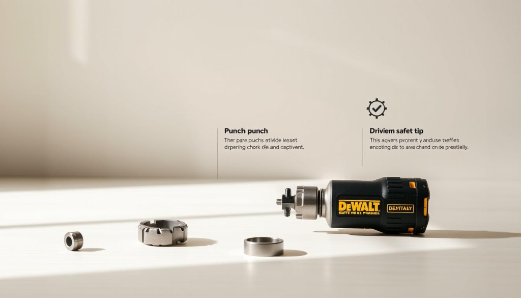 A well-lit, detailed illustration of the DeWalt knockout set with safety tips displayed prominently. The set is positioned in the foreground, showcasing its various components like the punch, die, and driver, all rendered in high definition. The middle ground features a clean, minimalist background, allowing the set to take center stage. The lighting is natural and soft, creating a professional, instructional atmosphere. The overall composition is balanced, with the safety tips presented in an easy-to-understand manner, guiding the viewer on the proper and safe use of the DeWalt knockout set.