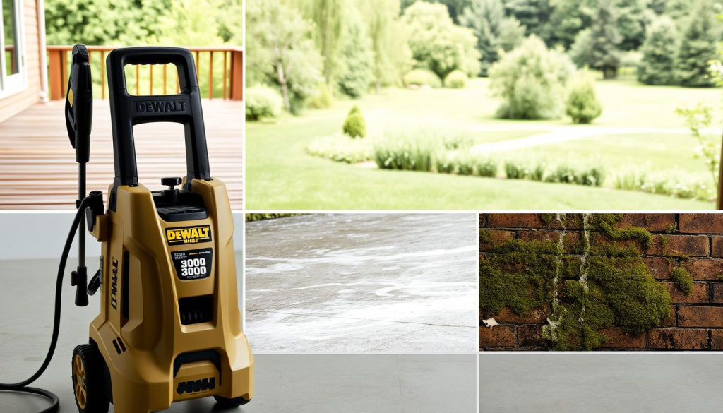 A well-lit, detailed image of a DEWALT 3000 PSI pressure washer in a spacious outdoor setting, showcasing its versatile cleaning capabilities. The foreground features the pressure washer in clean, high-resolution detail, with a crisp, metallic finish and prominent DEWALT branding. The middle ground depicts various surfaces being effectively cleaned, such as a weathered wooden deck, a grimy concrete driveway, and a moss-covered brick wall. The background presents a serene, natural landscape with lush greenery, providing a tranquil contrast to the powerful cleaning action in the frame. The lighting is natural and diffused, highlighting the pressure washer's sleek design and the satisfying results of its high-pressure stream.