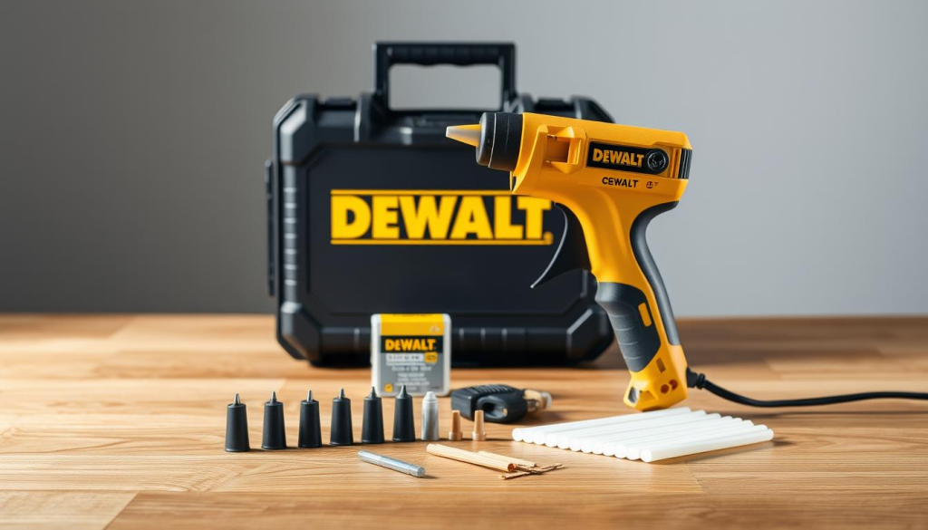 A well-lit, detailed image of a DEWALT cordless hot glue gun kit. The kit is displayed on a wooden surface, showcasing the gun, nozzle tips, and a selection of glue sticks in the foreground. The middle ground features the kit's carrying case, emphasizing its portability. In the background, a clean, minimalist studio setting with soft, diffused lighting creates a professional, product-focused atmosphere. The overall composition highlights the versatility and robust construction of the DEWALT glue gun, conveying its reliability for a variety of craft and repair projects.
