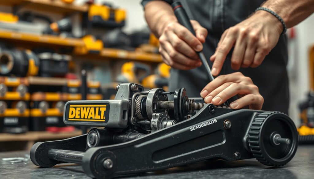 A well-lit, detailed image of a DEWALT jack undergoing maintenance. The foreground features the jack's inner workings, with gears, springs, and mechanisms clearly visible. The middle ground shows a technician's hands closely inspecting and cleaning the components, using specialized tools. The background depicts a clean, organized workshop setting with shelves of DEWALT tools and equipment. The lighting is soft and even, highlighting the intricate details of the jack's construction. The overall tone conveys a sense of professionalism, precision, and the importance of proper maintenance for reliable performance.