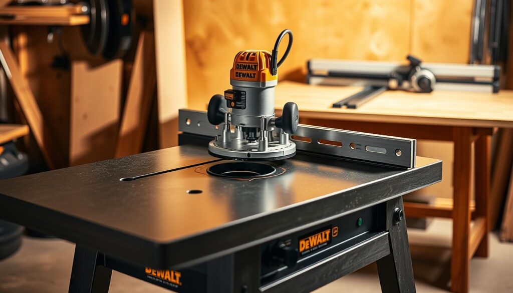 A well-lit, detailed image of a DEWALT router table in the process of assembly. In the foreground, the router table base is firmly in place, its sturdy steel construction evident. The middle ground showcases the precision router mounting plate, with the powerful DEWALT router securely installed and ready for use. In the background, the router table fence and adjustable miter gauge come into focus, hinting at the table's versatility for a range of woodworking projects. Soft shadows and warm lighting create a professional, workshop-like atmosphere, emphasizing the high-quality craftsmanship of the DEWALT router table system.