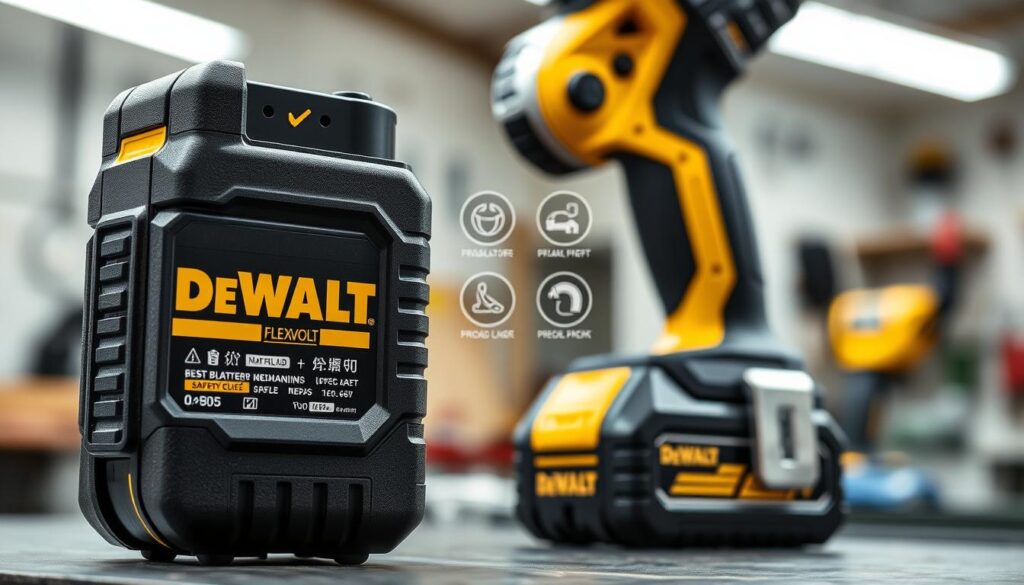 A well-lit, detailed image showcasing the safety features of the DEWALT FLEXVOLT power tool. In the foreground, the FLEXVOLT battery pack is prominently displayed, highlighting its durable construction and integrated safety mechanisms. In the middle ground, various safety symbols and indicators are visible on the tool itself, conveying the advanced safety engineering. The background depicts a clean, professional workshop setting, emphasizing the tool's suitability for demanding work environments. The image should be captured from a slightly elevated angle, creating a sense of authority and attention to detail. The overall mood should be one of reliability, precision, and a commitment to user safety.