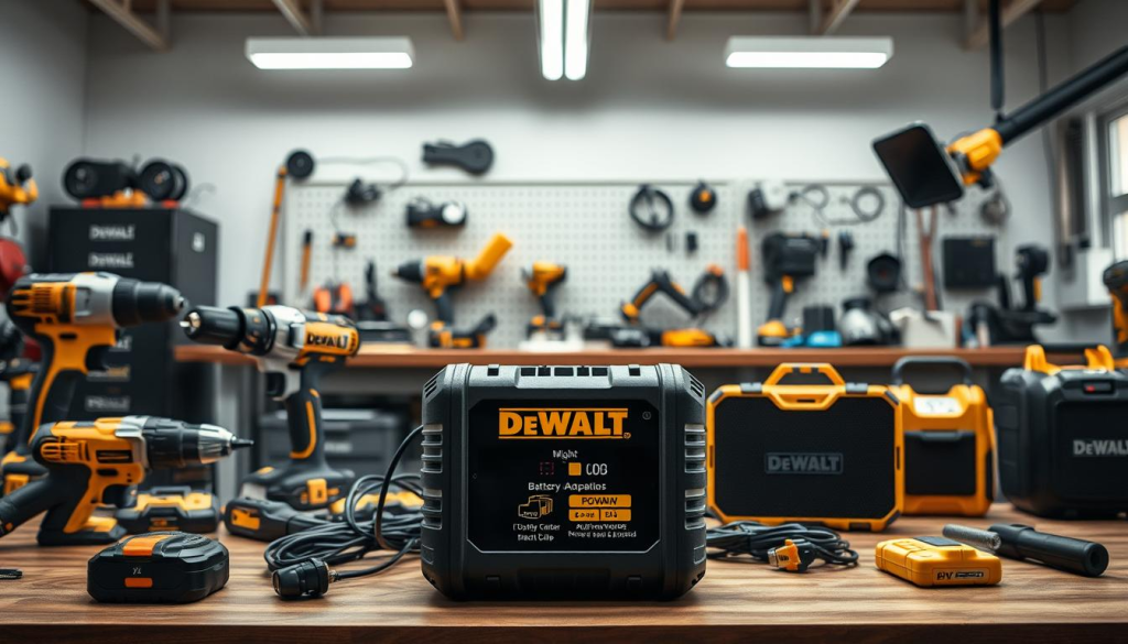 A well-lit, detailed image showcasing various real-world applications of the Dewalt battery adapter. Centered in the foreground, the Dewalt adapter is prominently displayed, surrounded by a diverse array of power tools, gadgets, and electronics it can power - from a cordless drill, an outdoor leaf blower, to a portable speaker. The middle ground features a neatly organized workbench with additional Dewalt tools and accessories, emphasizing the adapter's versatility. The background depicts a clean, modern workshop environment with ample natural lighting, conveying a sense of productivity and efficiency. The overall mood is one of functionality, reliability, and the seamless integration of the Dewalt battery adapter into a wide range of DIY and professional applications.