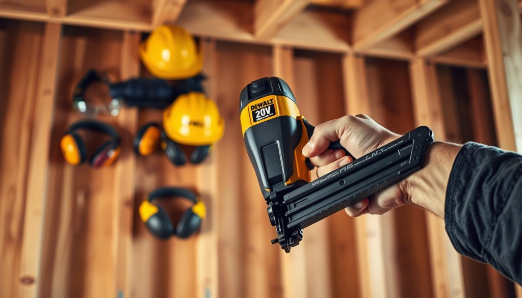 A well-lit, detailed scene showcasing safety considerations when using a nail gun. In the foreground, a worker's hand holds a DEWALT 20V framing nailer, with clear emphasis on proper grip and positioning. The middle ground features various safety gear like safety glasses, ear muffs, and a hard hat. The background depicts a construction site with wooden beams, suggesting the appropriate use of the nail gun. The lighting is soft and directional, creating depth and highlighting the textures of the materials. The overall mood is one of focused professionalism, conveying the importance of safety when operating power tools.