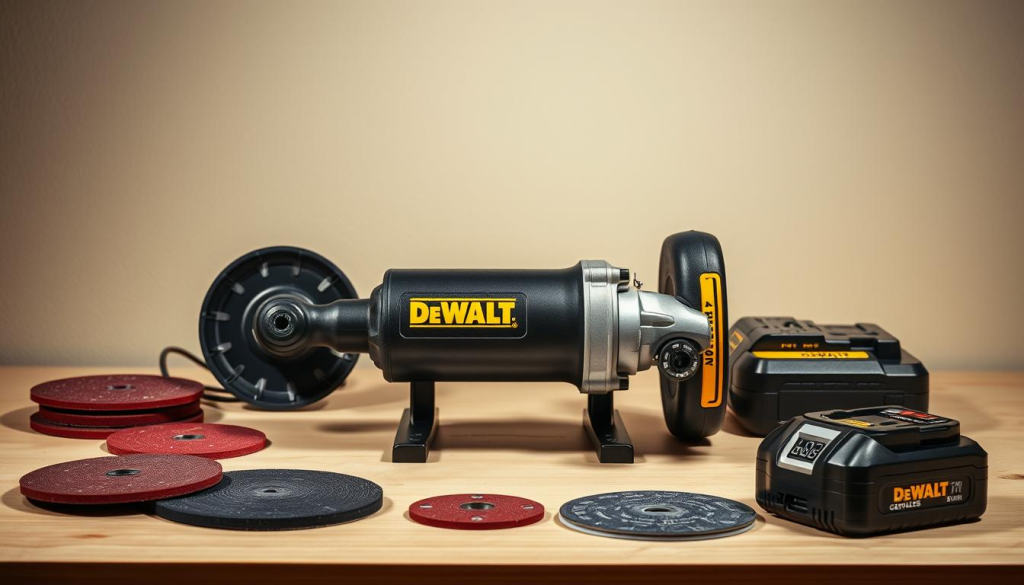 A well-lit, detailed shot of a DeWalt 20V grinder setup on a clean, organized workbench. The grinder is positioned prominently in the foreground, its sleek, black housing gleaming under soft, directional lighting. Accessories like sanding discs, grinding wheels, and a cordless battery pack are neatly arranged around the grinder, suggesting a beginner-friendly, ready-to-use setup. The background features a plain, neutral-toned wall, allowing the grinder and its components to be the focal point. The overall scene conveys a sense of precision, control, and the versatility of this power tool for DIY projects.