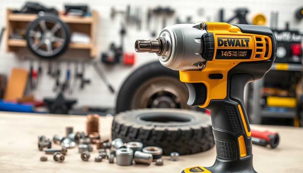 A well-lit, detailed shot of a DeWalt 3/4 inch electric impact wrench in use on various automotive and industrial applications. The wrench is shown in the foreground, with its powerful motor and sturdy construction visible. The middle ground features a variety of fasteners, nuts, and bolts being tightened or loosened by the impact wrench, showcasing its versatility. The background includes a clean, neutral workshop setting with shelves, tools, and equipment relevant to the application. The overall composition emphasizes the impact wrench's robust design, torque capabilities, and suitability for heavy-duty tasks such as tire changes, engine repair, and equipment maintenance.