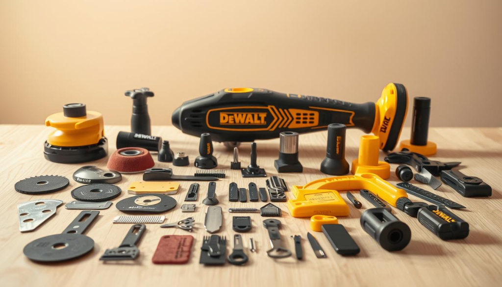 A well-lit, detailed still life of various DEWALT oscillating tool accessories arranged on a wooden surface. In the foreground, an assortment of cutting blades, sanding pads, and scraping tools in different shapes and sizes. In the middle ground, a DEWALT oscillating multi-tool with an array of attachments showcasing its versatility. In the background, a clean, minimalist environment with soft, warm lighting, emphasizing the premium quality and craftsmanship of the DEWALT brand.