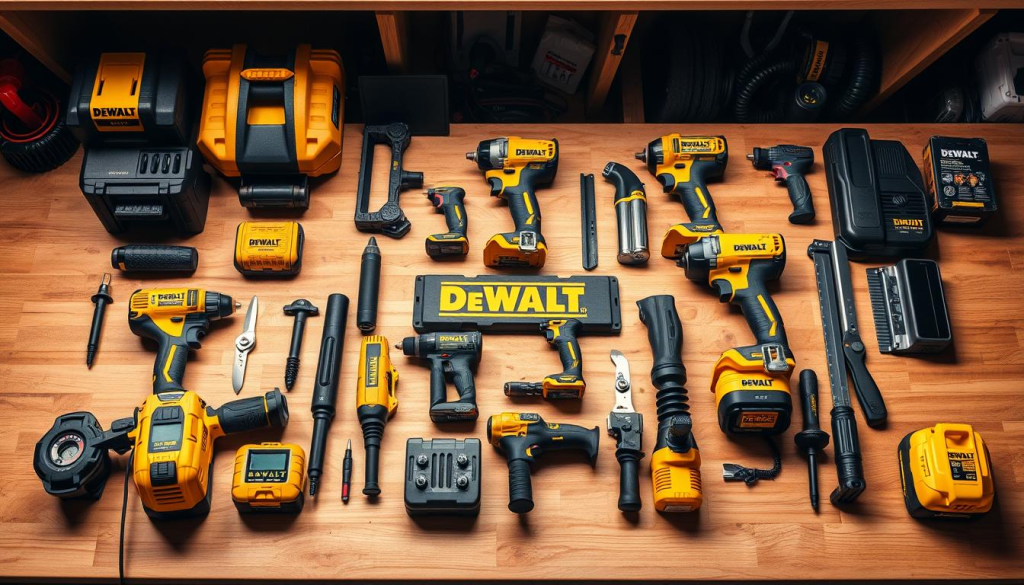 A well-lit, detailed still life showcasing an assortment of DEWALT power tools and accessories on a wooden workbench. The tools are arranged in a visually appealing, symmetrical layout, with the iconic DEWALT yellow-and-black color scheme standing out against the warm, natural wood tones. Shadows and highlights accentuate the textures and shapes of the tools, creating a sense of depth and dimensionality. The scene conveys a sense of quality, durability, and professionalism that reflects the positive customer experiences with DEWALT tools on sale.