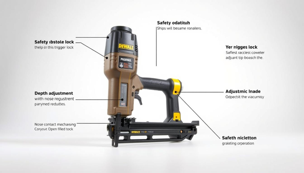 A well-lit, detailed studio photograph of a Dewalt 20V Finish Nailer showcasing its key safety features. The nailer is positioned prominently in the center, with a clean, minimalistic background that allows the tool to be the focal point. The image captures the robust construction, ergonomic design, and safety mechanisms of the nailer, such as the trigger lock, depth adjustment, and nose contact trip mechanism. The lighting is crisp and evenly distributed, highlighting the sleek, professional-grade aesthetics of the tool. The angle and composition emphasize the nailer's purpose and safe operation, creating a visually engaging and informative image for the "Safety Features and Best Practices" section of the article.