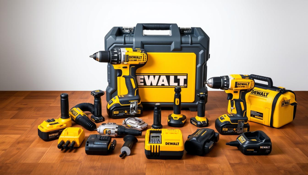 A well-lit display of a high-quality DEWALT combo kit, showcased on a wooden surface with a minimalist background. The kit features a range of power tools, including a drill, an impact driver, and various accessories, all in the brand's signature yellow and black color scheme. The image captures the durability, versatility, and professional-grade quality of the DEWALT combo kit, inviting the viewer to consider it as a reliable and practical addition to their workshop or jobsite.