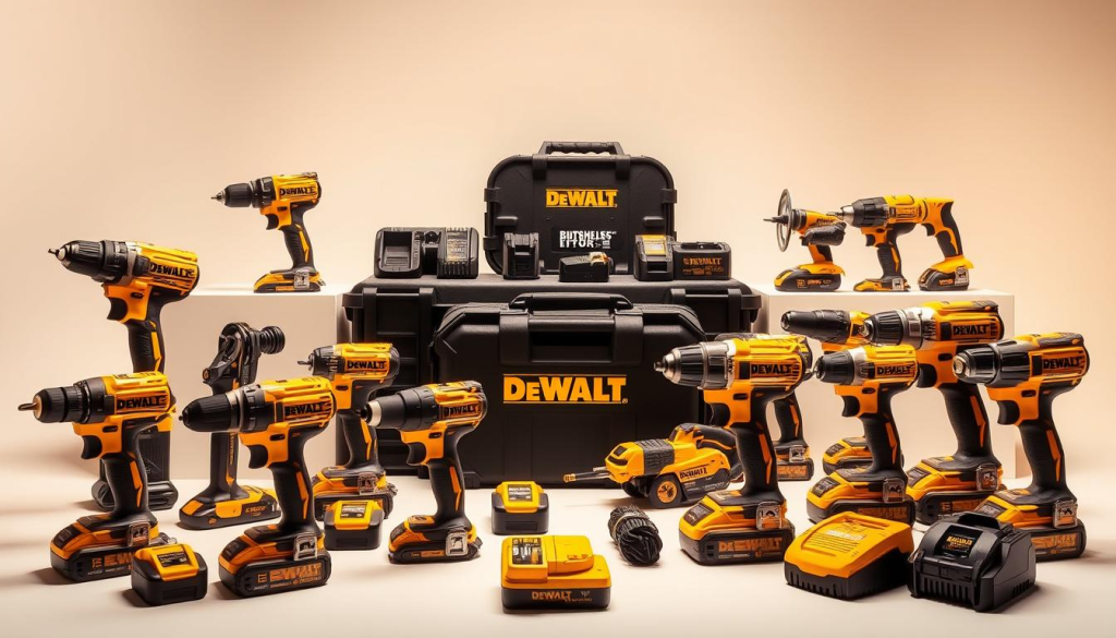 A well-lit display of neatly arranged DEWALT tool bundles, showcasing a variety of power tools and accessories. The foreground features a selection of cordless drills, impact drivers, and reciprocating saws, their sleek black and yellow casings gleaming under warm studio lighting. In the middle ground, a collection of combo kits includes brushless motors, lithium-ion batteries, and chargers, all showcased against a clean, white background. The background subtly fades to a soft, neutral tone, creating a professional, high-quality appearance that highlights the products' quality and durability. The overall composition conveys a sense of expertise, efficiency, and the exceptional value of these DEWALT tool bundles.