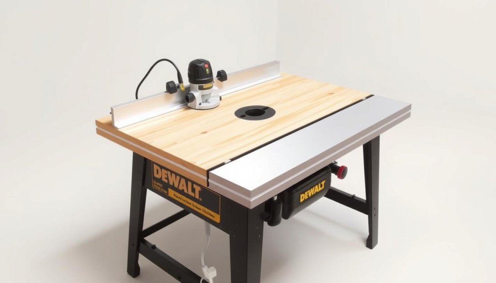 A well-lit, expertly-crafted DEWALT router table set against a clean, minimalist backdrop. The table features a sturdy, wooden top with a recessed opening for secure router installation. Precision-engineered aluminum fence guides the workpiece with ease. Soft, diffused lighting accentuates the table's sleek, modern design and highlights the smooth, polished surface. The overall scene conveys a sense of order, simplicity, and a welcoming workspace ideal for the beginner woodworker.