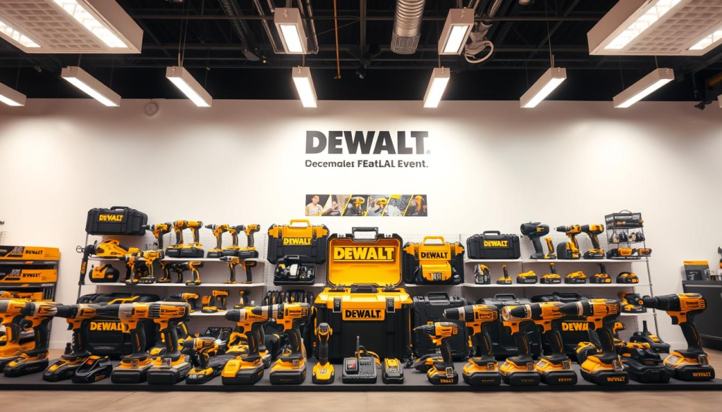 A well-lit hardware store display showcasing an assortment of DEWALT power tools and accessories against a clean, minimalist backdrop. The foreground features an array of cordless drills, impact drivers, and oscillating tools arranged in an eye-catching layout. The middle ground highlights DEWALT's signature black and yellow color scheme, with sleek tool cases and battery packs prominently displayed. The background subtly suggests a seasonal sale event, with a sense of depth and softness to create an inviting, aspirational atmosphere. Captured with a wide-angle lens to emphasize the depth and scale of the display, the lighting is warm and natural, enhancing the premium quality of the DEWALT brand.