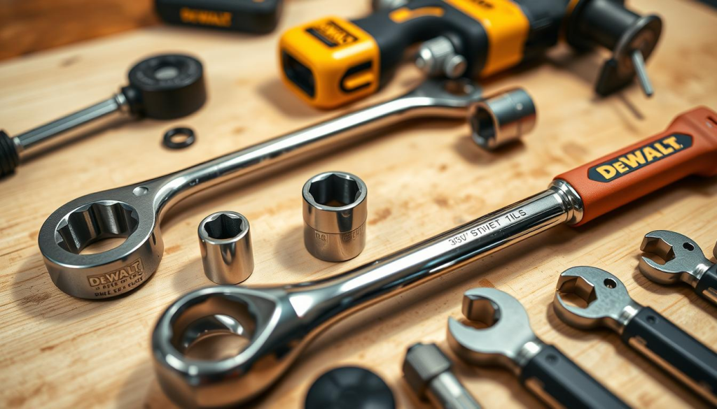 A well-lit, high-angle close-up shot of a collection of DeWalt 3/8" drive tools, including a ratchet, socket wrench, and other maintenance accessories, neatly arranged on a clean, wooden workbench. The tools have a glossy, professional finish and are positioned to showcase their intricate details and robust construction. The lighting casts soft shadows, emphasizing the tools' sturdy build and the care required for their upkeep. The scene conveys a sense of organization, precision, and the importance of properly maintaining high-quality power tools for optimal performance.