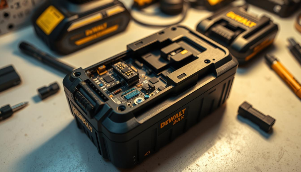 A well-lit, high-angle close-up view of a DEWALT 20V MAX battery, showcasing its intricate inner workings. The battery is disassembled, with its components neatly arranged on a clean, organized workbench. The scene has a technical, problem-solving atmosphere, with a focus on the battery's electronic circuitry, terminals, and other critical elements. Soft shadows and warm lighting create a sense of depth and dimensionality, highlighting the battery's sturdy construction and attention to detail. The image conveys a sense of troubleshooting and problem-solving, inviting the viewer to explore the battery's inner workings and diagnose any potential issues.