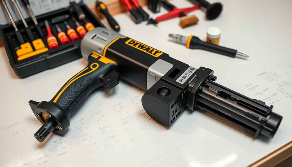A well-lit, high-angle close-up view of a DEWALT drywall screw gun lying on a clean, organized workbench. The screw gun's components are clearly visible, including the motor, gearbox, and chuck. The surroundings are neatly arranged, with a set of screwdrivers, a brush, and a small container of lubricant nearby, suggesting a maintenance session in progress. The scene conveys a sense of professionalism and attention to detail, reflecting the importance of proper care and upkeep for this powerful tool.