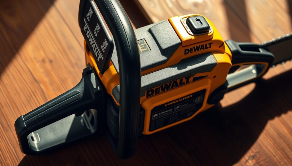 A well-lit, high-angle close-up view of a DeWalt 12-inch cordless chainsaw, showcasing its key safety features. The chainsaw is positioned on a wooden surface, allowing for a detailed examination of its ergonomic design, safety trigger, and protective guards. Soft shadows and warm tones create a professional, informative atmosphere, highlighting the chainsaw's durability and user-friendly safety mechanisms. The image conveys a sense of reliability and attention to safety, making it an ideal visual accompaniment to the "Safety Features of the Chainsaw" section of the article.