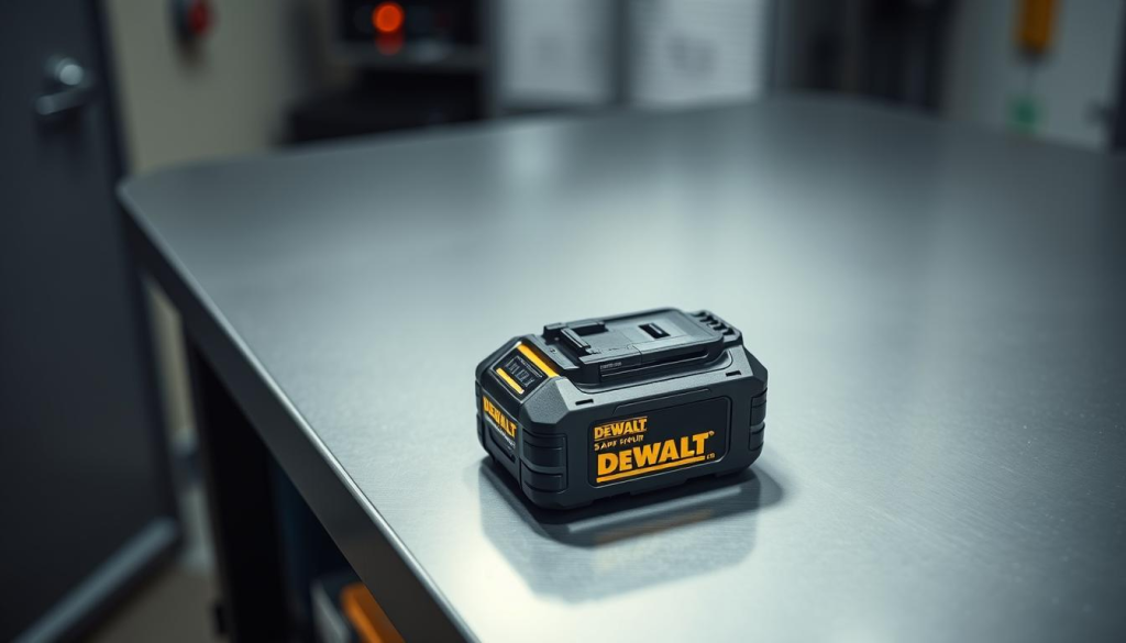 A well-lit, high-angle photograph of a DEWALT 5 Amp Hour battery pack resting on a sleek, modern workbench. The battery has a bold, industrial design with the DEWALT logo prominently displayed. The background features a clean, minimalist setting, with hints of gray and blue tones to convey a professional, technical atmosphere. Crisp shadows and highlights accentuate the battery's form, showcasing its solid construction and premium quality. The lighting is balanced, creating a sense of depth and emphasizing the battery's sturdy, reliable appearance.
