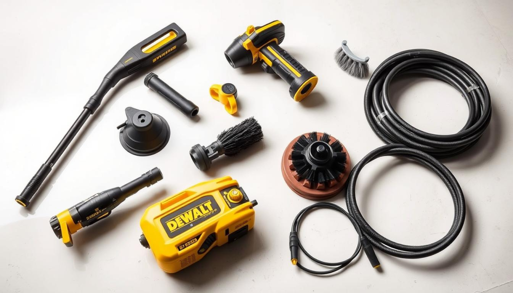 A well-lit, high-angle photograph of an assortment of DEWALT electric power washer accessories, including a telescoping wand, turbo nozzle, rotary brush, and high-pressure hose, arranged neatly on a clean, reflective surface, with a soft, neutral background that highlights the details and functionality of the equipment.