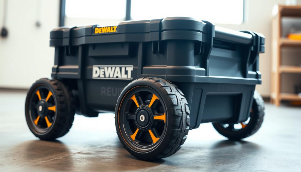 A well-lit, high-angle photograph of the DEWALT Tough System 2.0 mobility features, showcasing its durable wheels, telescoping handle, and compact, stackable design. The foreground focuses on the smooth-rolling wheels and sturdy plastic shell, while the middle ground displays the telescoping handle extended, highlighting its ergonomic grip and easy maneuverability. The background subtly suggests a professional jobsite environment, with a clean, minimal setting that emphasizes the system's versatility and integration into the worksite. The image conveys a sense of ruggedness, efficiency, and the seamless integration of the Tough System 2.0 into the daily tasks of the modern professional.