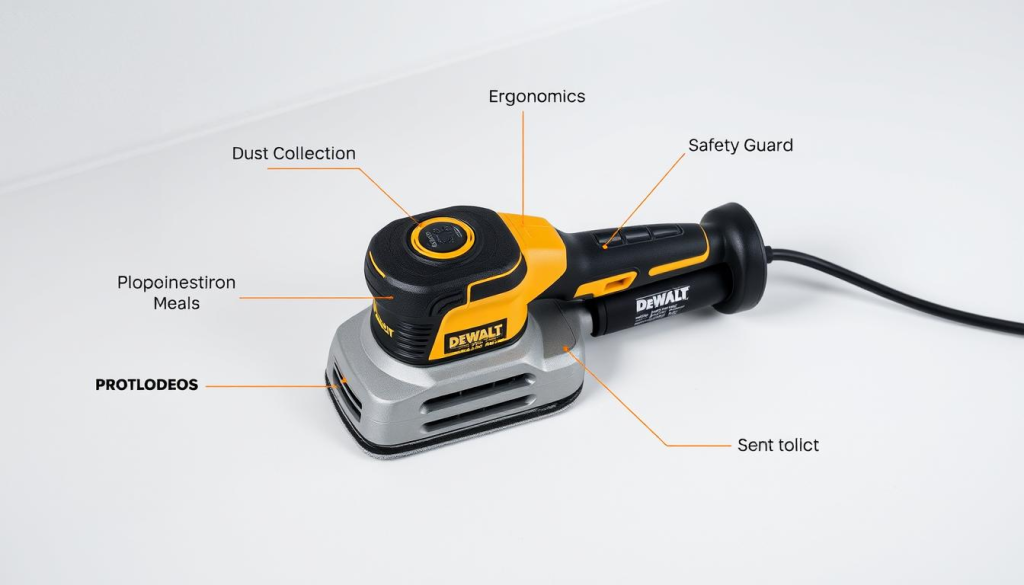 A well-lit, high-angle photograph showcasing a Dewalt drywall sander against a clean, minimalist backdrop. The sander is prominently displayed, with a focus on its safety features - the dust collection system, ergonomic handle, and safety guard. The image conveys a sense of professional-grade quality and attention to user safety. The lighting is soft and diffused, highlighting the sander's sleek, industrial design. The composition emphasizes the sander's key safety components, guiding the viewer's attention to the essential details that ensure a safe and efficient drywall sanding experience.