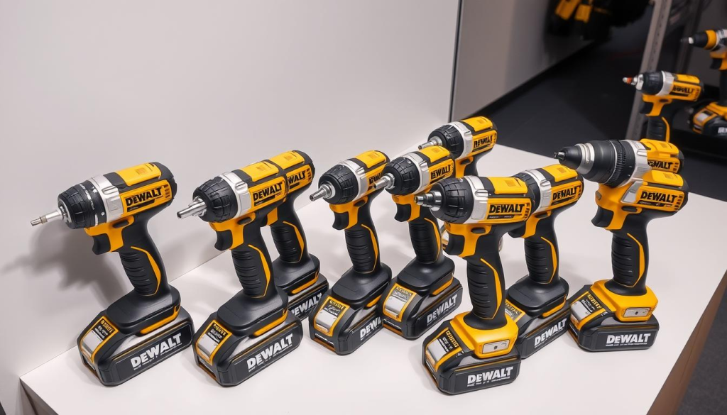 A well-lit, high-angle photograph showcasing a collection of DEWALT electric screwdrivers in a retail display setting. The screwdrivers are arranged neatly, each with its distinct model number and features prominently visible. The background is a clean, minimalist environment, allowing the tools to take center stage. Soft shadows and reflections on the sleek, black-and-yellow design elements create a sense of depth and professionalism. The overall composition conveys the versatility and quality of the DEWALT brand, highlighting the screwdrivers as the perfect choice for DIY projects.