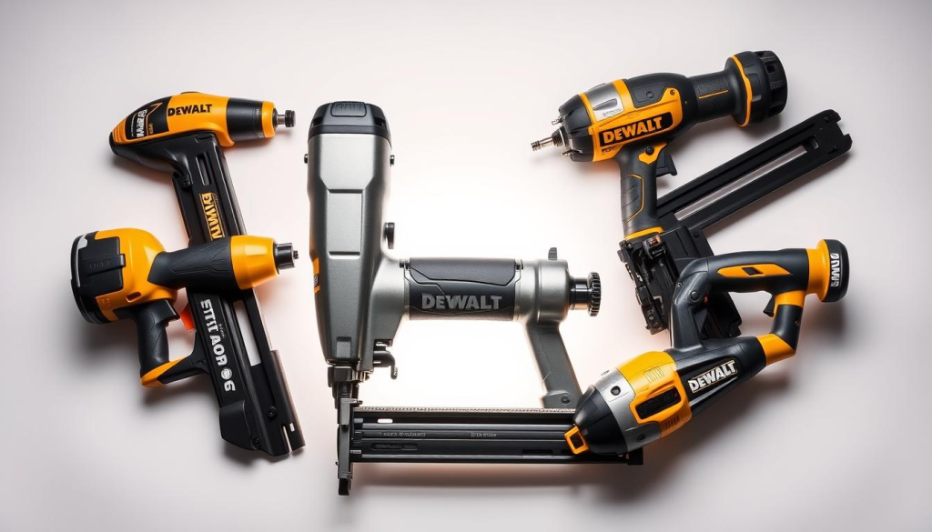 A well-lit, high-angle photograph showcasing a side-by-side comparison of DEWALT roofing nailers against other leading models. The DEWALT nailer takes center stage, its sleek, rugged design and metal body gleaming under the bright studio lighting. Surrounding it are the competitor nailers, each with their unique features and characteristics subtly highlighted. The image captures the key differences in power, precision, and ergonomics, allowing the viewer to evaluate the DEWALT's performance advantages at a glance. The clean, uncluttered background and carefully considered camera angle create a professional, technical impression, suited for an informative product comparison.