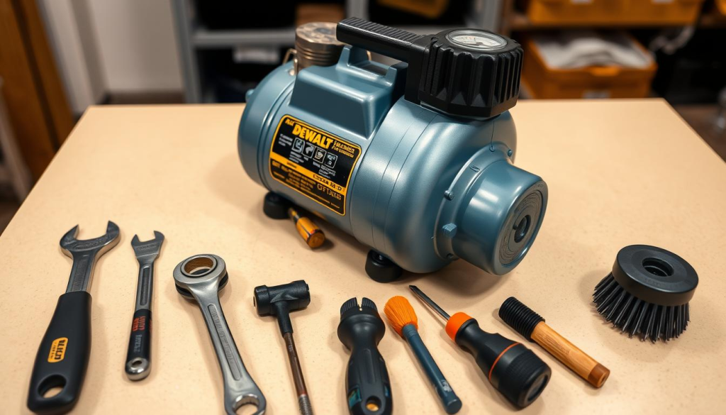 A well-lit, high-angle shot of a DEWALT 6 Gallon Air Compressor lying on a clean, organized workbench. The compressor's metal body and blue-and-black color scheme stand out against a neutral background. In the foreground, various maintenance tools are neatly arranged, including a wrench, a screwdriver, and a brush. The middle ground shows the compressor's controls and features, such as the pressure gauge and the power switch, inviting the viewer to inspect the machine's internals. The background hints at a workshop setting, with shelves or cabinets visible, conveying a sense of professionalism and attention to detail.