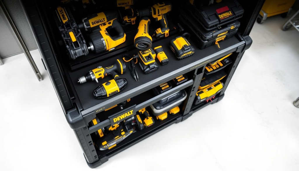 A well-lit, high-angle shot of a DEWALT Tough System 2.0 storage unit, showcasing its modular compatibility with other DEWALT power tools and accessories. The foreground features a variety of DEWALT tools neatly arranged on the storage unit's adjustable shelves, with the unit's rugged, impact-resistant construction prominently displayed. The middle ground depicts the storage unit's stackable design, allowing for efficient organization and space-saving. The background softly blurs to highlight the unit's versatility in a professional, workshop-like setting, conveying the overall impression of a cohesive, high-quality DEWALT ecosystem.