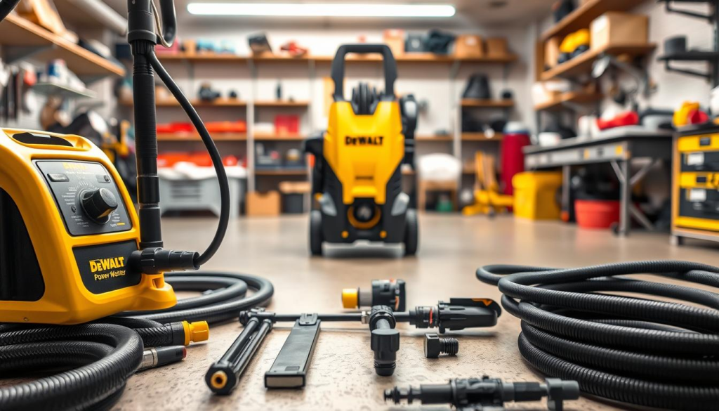A well-lit, high-angle shot of a DEWALT power washer undergoing routine maintenance. The foreground features the power washer's control panel, hose connections, and detachable components laid out neatly. The middle ground showcases the power washer's body, with its distinctive yellow and black color scheme. The background depicts a clean, organized workshop setting with shelves of tools and supplies. The lighting is bright and evenly distributed, highlighting the intricate details of the power washer's inner workings. The overall atmosphere conveys a sense of professionalism and attention to detail, reflecting the importance of proper maintenance for optimal performance and longevity of the DEWALT power washer.