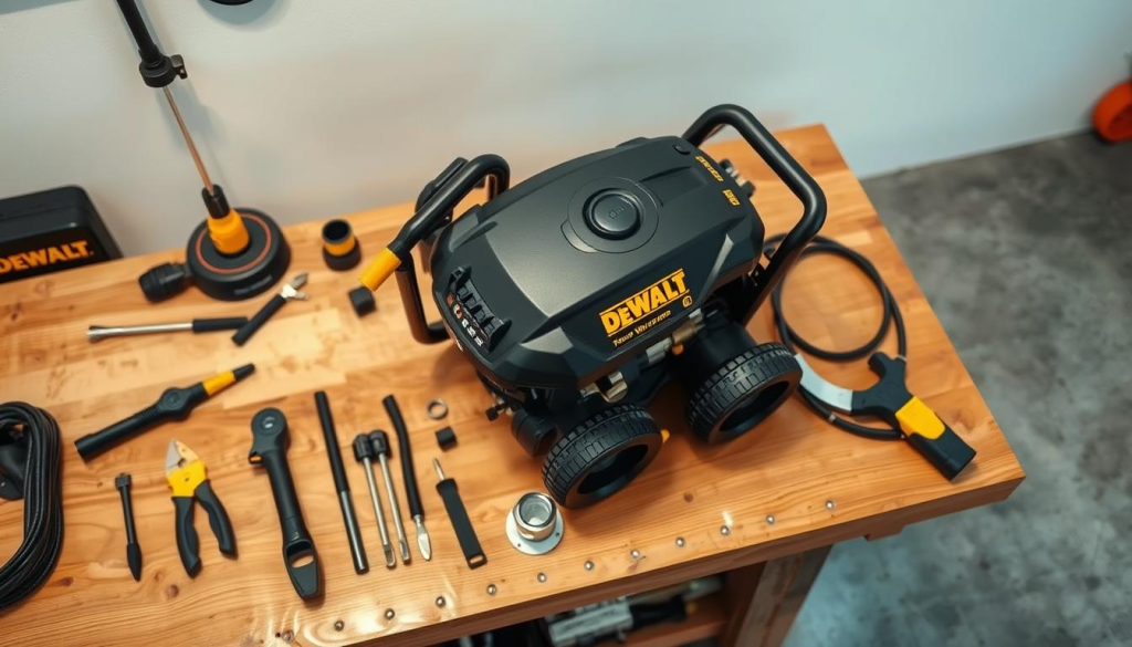 A well-lit, high-angle shot of a DEWALT pressure washer on a wooden workbench, with an array of maintenance tools and accessories arranged neatly around it. The pressure washer is partially disassembled, showcasing its inner components. The scene conveys a sense of organized, professional maintenance, with a focus on the technical details of the machine. The background is a clean, minimalist workshop environment, allowing the subject to take center stage. Soft, directional lighting casts subtle shadows, enhancing the three-dimensional form of the pressure washer and its parts.