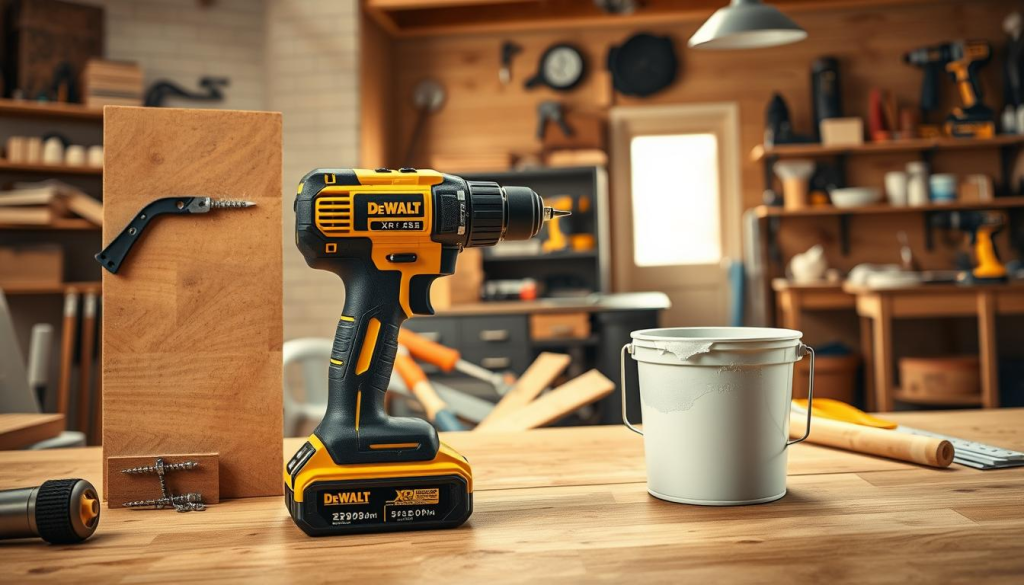 A well-lit, high-angle shot of a DeWalt XR cordless drill demonstrating its versatile applications. In the foreground, the drill is shown in use, seamlessly transitioning between diverse tasks - drilling into wood, driving screws into drywall, and mixing paint in a bucket. The middle ground features an array of common DIY tools and materials, hinting at the drill's adaptability. The background showcases a cozy, well-equipped workshop with shelves of tools, workbenches, and natural lighting streaming in, conveying a sense of productivity and craftsmanship. The image exudes a professional, refined aesthetic that aligns with the DeWalt brand's reputation for quality and performance.