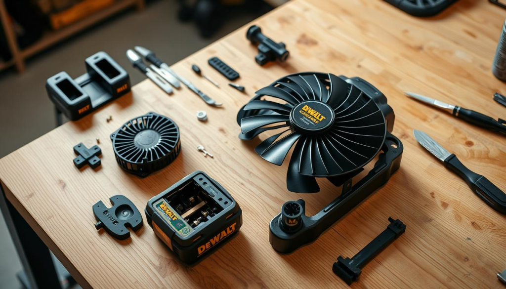 A well-lit, high-angle shot of a DeWalt cordless fan being disassembled on a clean, wooden workbench. The fan's components are neatly arranged, showcasing the inner workings and maintenance steps. Soft, directional lighting illuminates the scene, emphasizing the intricate details. The background is slightly blurred, keeping the focus on the fan's maintenance process. The overall mood is one of professionalism and attention to detail, reflecting the importance of proper care for this portable cooling device.