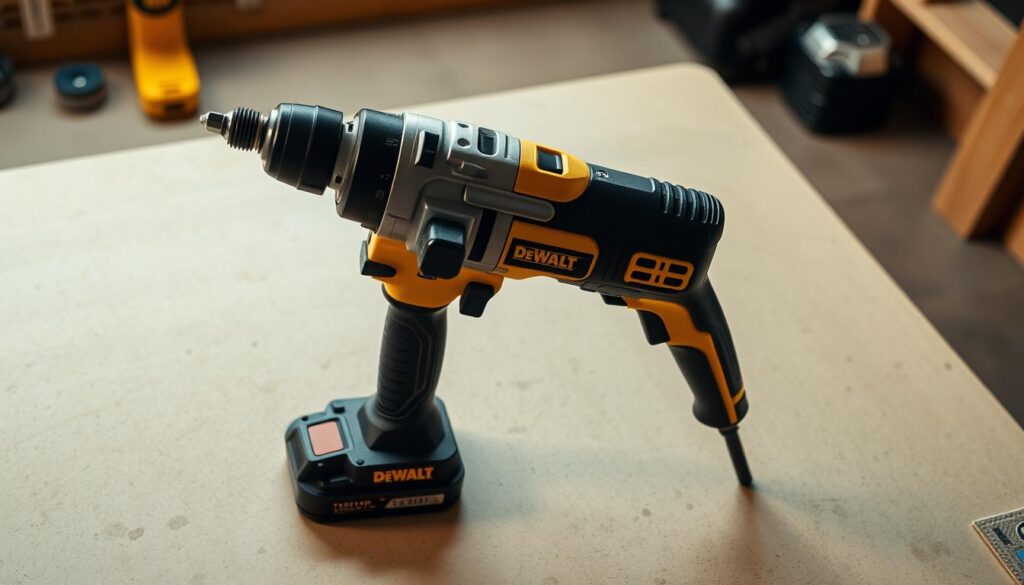 A well-lit, high-angle shot of a DeWalt right angle drill on a clean, neutral-colored workbench. The drill is positioned prominently in the foreground, its ergonomic design and safety features clearly visible. The background is slightly blurred, keeping the focus on the drill and its key components. Warm, directional lighting creates a sense of depth and emphasizes the drill's sleek, professional appearance. The overall mood is one of precision, safety, and the confident use of powerful tools.