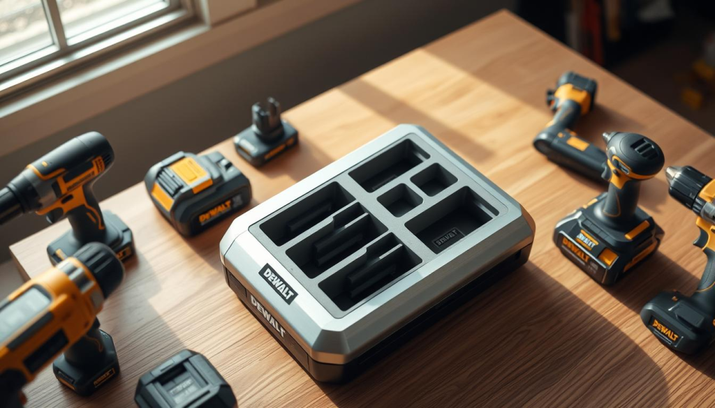 A well-lit, high-angle shot of a sleek, modern DEWALT charger station sitting on a wooden table or countertop. The charger has a brushed metal finish, with multiple slots to accommodate several DEWALT power tool batteries simultaneously. The station is surrounded by a few DEWALT power tools, neatly arranged, creating a polished, organized workplace setting. Soft shadows and natural lighting from a window or diffused overhead source give the scene a warm, inviting atmosphere, highlighting the durability and functionality of the DEWALT charging system. The image conveys the reliability and convenience of this DEWALT product, reflecting the positive customer reviews mentioned in the article.