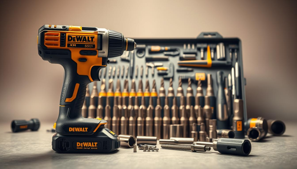 A well-lit, high-angle shot of a sturdy DEWALT XR impact driver set, showcasing the versatile tools and accessories. The foreground features the impact driver itself, its sleek black and yellow casing gleaming under warm studio lighting. In the middle ground, an assortment of driver bits, sockets, and attachments are neatly arranged, highlighting the kit's comprehensive nature. The background is softly blurred, creating a sense of focus on the tools. The overall composition conveys the power, precision, and utility of the DEWALT XR impact driver, making it an ideal choice for a wide range of DIY and professional applications.