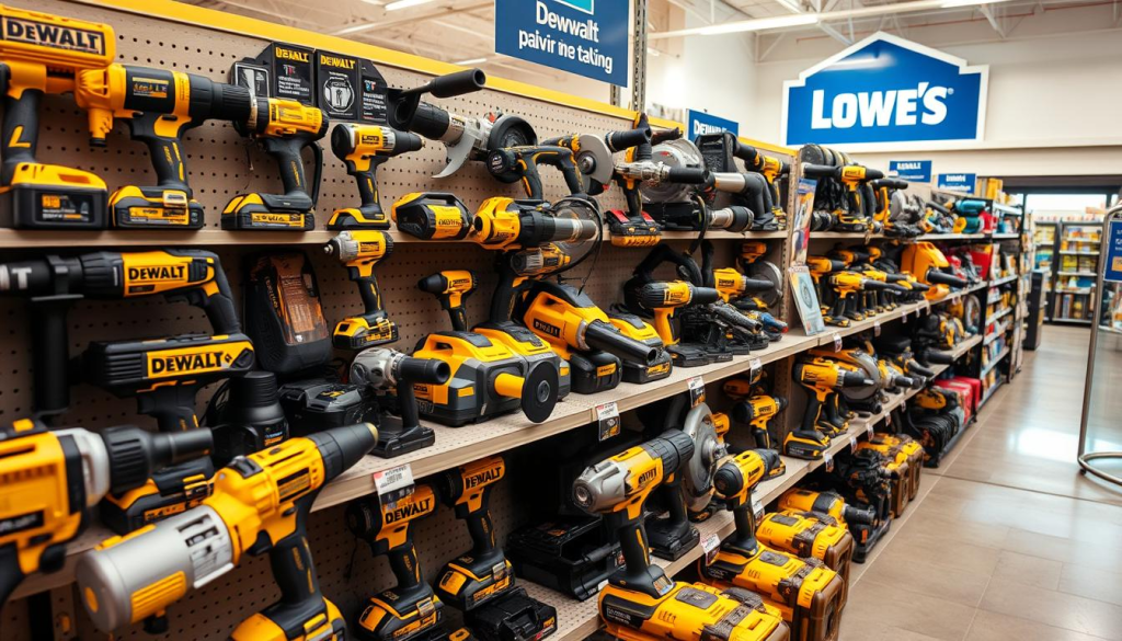 A well-lit, high-angle shot of an assortment of DEWALT power tools displayed on shelves in a Lowe's hardware store. The foreground showcases a variety of DEWALT cordless drills, impact drivers, and saws, each with distinct shapes and textures. The middle ground features larger DEWALT tools like rotary hammers and grinders, while the background depicts a clean, organized store environment with Lowe's branding visible. The lighting is warm and natural, highlighting the robust, professional-grade quality of the DEWALT tools. The overall atmosphere conveys a sense of reliability, capability, and the trust associated with the DEWALT brand at Lowe's.