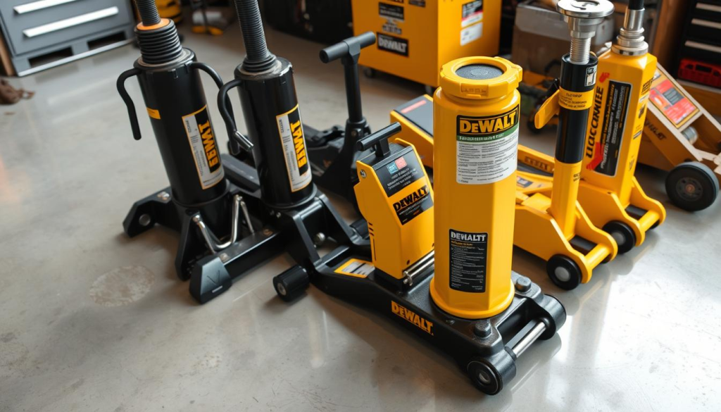 A well-lit, high-angle shot of an assortment of floor jacks from various brands, including a DEWALT model, arranged on a clean, reflective workshop floor. The DEWALT jack stands out with its distinctive yellow and black color scheme and sturdy, industrial design. The other jacks, representing competing brands, are positioned for a side-by-side comparison, showcasing their unique features and differences. The image conveys a sense of quality, power, and reliability, allowing the viewer to visually assess the DEWALT floor jack's positioning within the market.