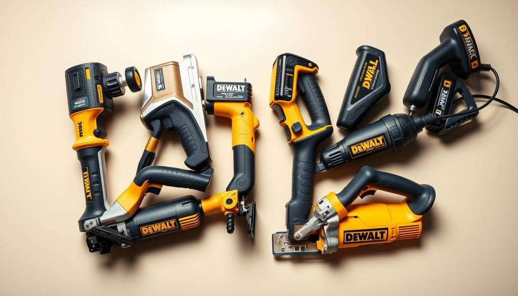 A well-lit, high-angle shot of several DEWALT edgers placed side-by-side for comparison, showcasing their distinct designs and features. The edgers are presented on a clean, neutral background, allowing their sturdy construction and vibrant brand logos to stand out. Subtle reflections on the metallic parts create a sense of depth and quality. The lighting is balanced, with soft shadows accentuating the edgers' contours and textures. The composition is visually appealing, with the edgers arranged in a harmonious, symmetrical layout to facilitate easy comparison between the models.