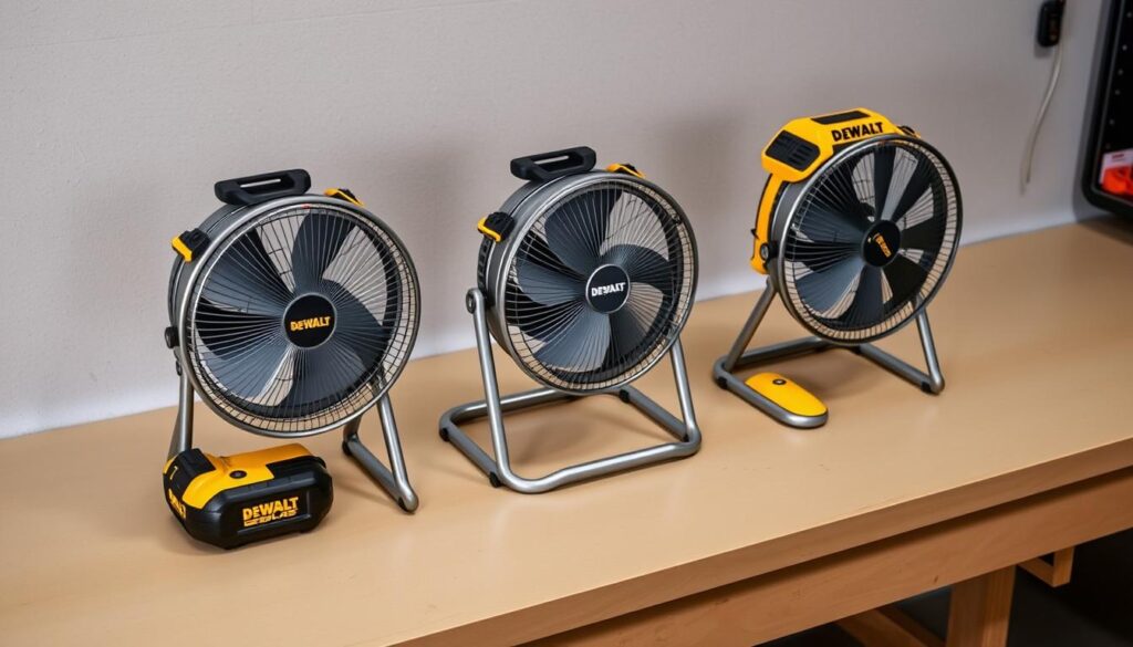 A well-lit, high-angle shot of three DEWALT cordless fans standing side-by-side on a clean, neutral-colored workbench. The fans are shown in profile, displaying their distinct shapes and sizes. Subtle ambient lighting casts soft shadows, highlighting the fans' sleek, metallic casings and sturdy construction. The scene conveys a sense of comparison and evaluation, inviting the viewer to examine the subtle differences between the models. The overall mood is professional, focused, and informative, reflecting the technical nature of the subject matter.