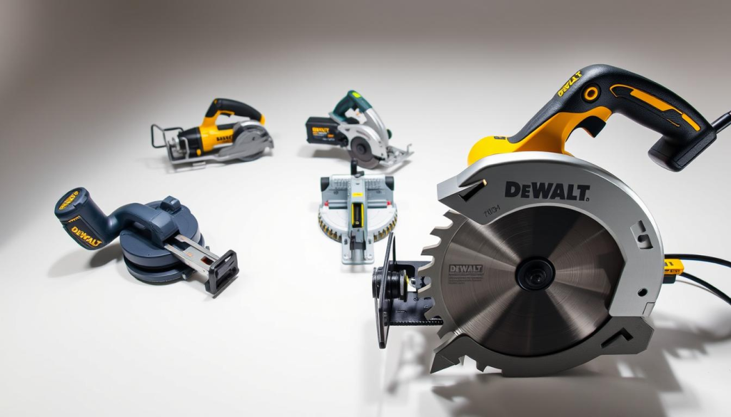 A well-lit, high-angle shot showcasing a side-by-side comparison of a DEWALT metal cutting saw and its top competitors. The DEWALT saw is prominently featured in the foreground, its sleek, sturdy design and powerful blade gleaming under the studio lighting. In the middle ground, the competitor saws are arranged, their features and specifications visible for detailed comparison. The background is a clean, minimalist setting, allowing the saws to be the focal point and highlighting their key differences in performance, ergonomics, and cutting precision.