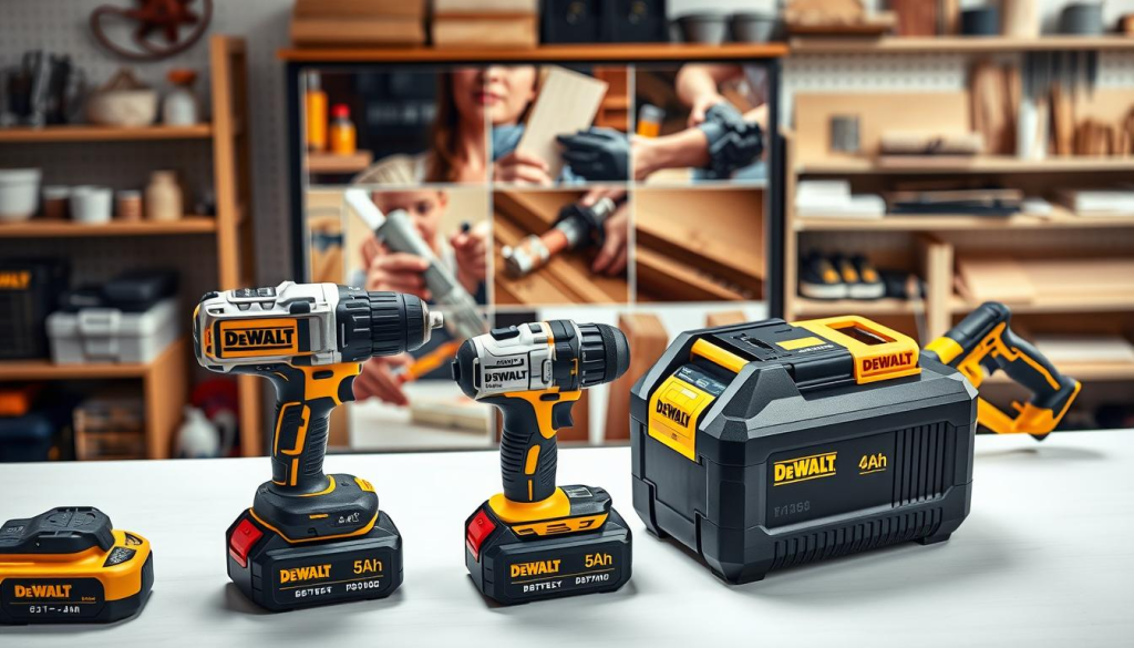 A well-lit, high-angle shot showcasing the versatile applications of the DeWalt 5Ah PowerStack battery. In the foreground, a selection of DeWalt power tools - a cordless drill, an impact driver, and a reciprocating saw - their bodies neatly arranged to highlight the powerful 5Ah battery pack. The middle ground features a variety of household and workshop tasks, from screwing in hinges to cutting through wood, emphasizing the battery's ability to tackle diverse DIY and professional projects. The background depicts a clean, organized workspace, with shelves of tools and materials, conveying the battery's reliability and suitability for a wide range of applications.