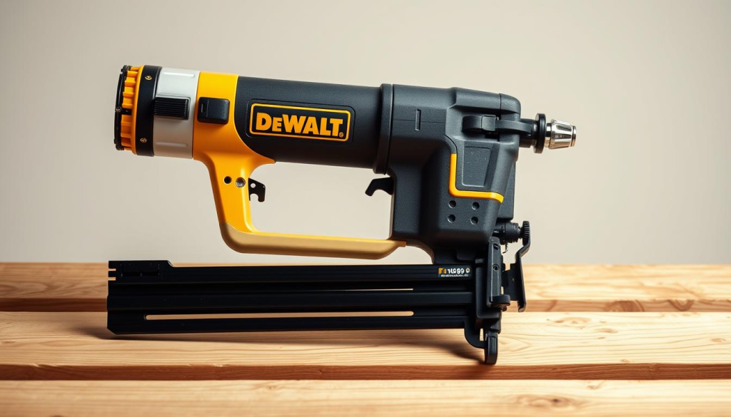 A well-lit, high-angle studio shot of a DEWALT roofing nail gun resting on a sturdy wooden workbench. The nail gun is prominently displayed, its sleek black and yellow design gleaming under the soft lighting. The background is clean and uncluttered, allowing the tool to be the focal point. The composition emphasizes the safety features of the nail gun, such as the trigger guard and the depth-of-drive adjustment. The overall mood is professional, focusing on the reliability and precision of the DEWALT roofing nail gun for use by experienced contractors.