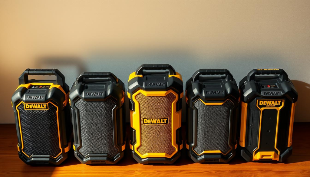 A well-lit, high-angle studio shot of three DEWALT Bluetooth speakers arranged in a row, with two similar competitor models placed alongside for comparison. The DEWALT speakers have a rugged, industrial design with bold yellow accents, while the competitors feature sleeker, more consumer-oriented aesthetics. The image is captured with a sharp, focused lens to highlight the details and build quality of each device. Warm, natural lighting casts subtle shadows, emphasizing the speakers' forms and textures. The overall scene conveys a sense of thoughtful, side-by-side evaluation, inviting the viewer to assess the relative merits of the DEWALT solution against the competition.
