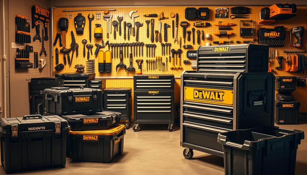 A well-lit, high-angle studio shot showcasing an assortment of DEWALT storage solutions. In the foreground, a variety of neatly organized tool boxes and utility cases, their sturdy metal and impact-resistant plastic construction evident. In the middle ground, a rolling tool chest with multiple drawers and compartments, its sleek black and yellow branding prominently displayed. In the background, a pegboard system with various DEWALT tool holders and organizers, creating a cohesive, professional workspace aesthetic. Warm, directional lighting accentuates the products' durable, high-quality design, conveying reliability and efficiency.