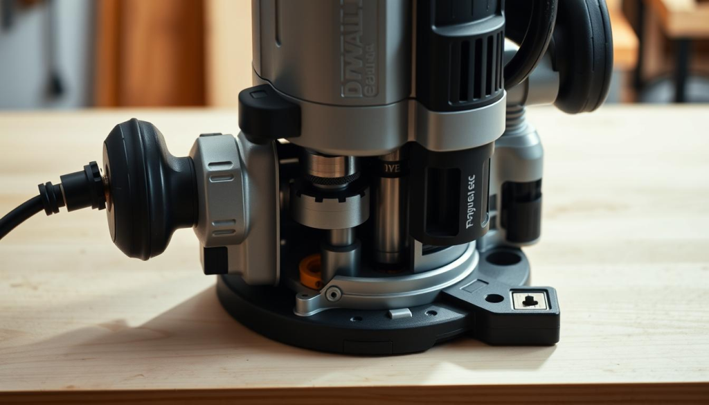 A well-lit, high-angle view of a DEWALT 20V cordless router on a clean, organized workbench. The router's internal components are exposed, revealing its precision engineering. The foreground shows the router's collet, adjustment knobs, and dust collection port, highlighting its maintenance features. The middle ground showcases the router's ergonomic design and battery compartment. The background features a subtle, blurred woodworking scene, emphasizing the router's role in precision woodworking. The lighting is soft and warm, creating a professional, technical atmosphere. The overall composition conveys the router's durability, ease of maintenance, and suitability for intricate projects.