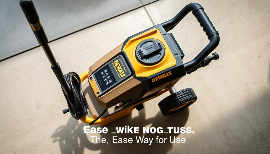 A well-lit, high-angle view of a DEWALT 3800 PSI pressure washer, showcasing its ergonomic design and intuitive controls. The machine stands on a clean, polished concrete surface, with a soft, diffused lighting creating gentle shadows that accentuate its sturdy, industrial construction. The pressure washer's sleek, black and yellow color scheme conveys a sense of power and efficiency. The prompt emphasizes the ease of use, with the wand and hose neatly coiled and the control panel prominently displayed, inviting the viewer to imagine the effortless operation of this powerful cleaning tool.